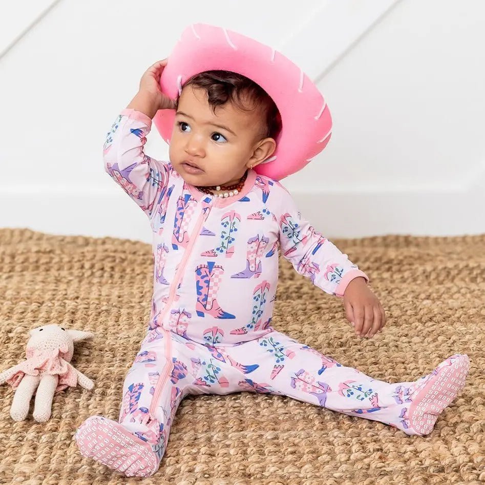 Bestaroo Giddy Up Footie Bamboo Newborn Cowgirl Boot Print With Dual Two Way Zipper - 