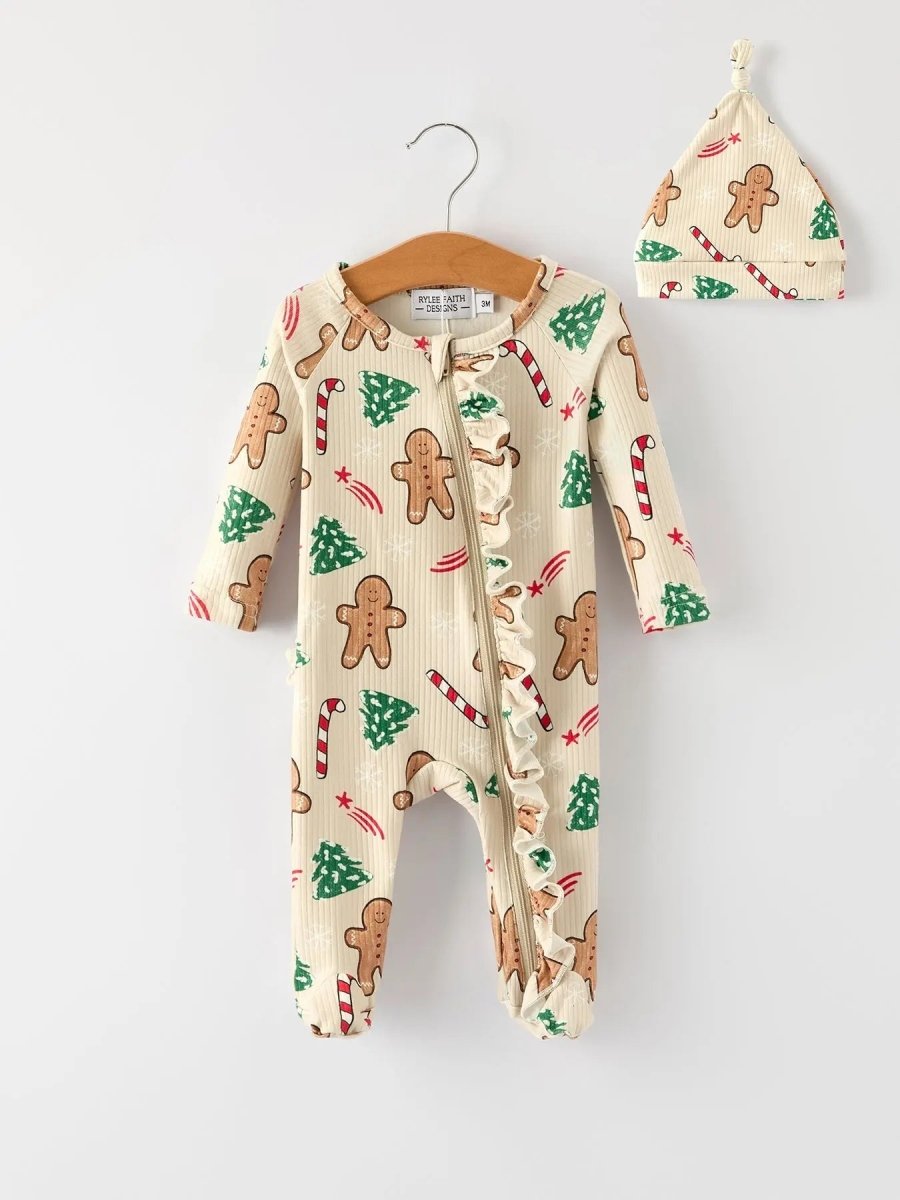 Rylee Faith Designs Gingerbread Christmas Girls Romper With Nightcap Festive - Everetts Place Boutique - 