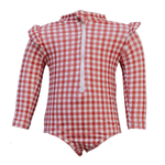 Mebie Baby Gingham Long Sleeve Ruffle Zipper One Piece Swimsuit For Girls - 