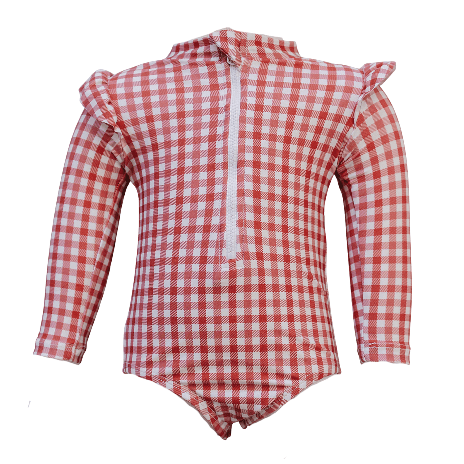 Gingham long sleeve one-piece baby swimsuit with ruffle shoulders and a front zipper.