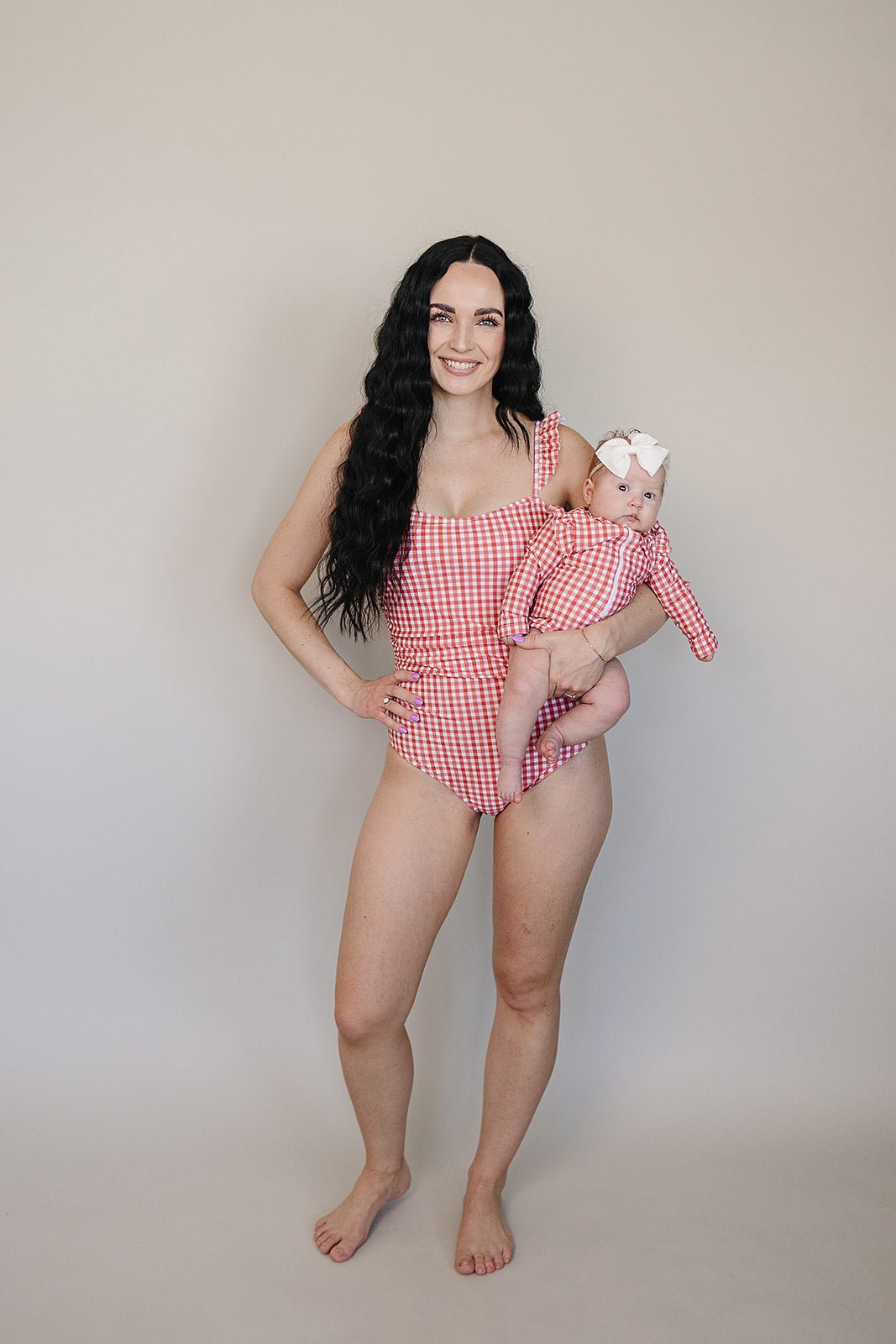 Mebie Baby Gingham Long Sleeve Ruffle Zipper One Piece Swimsuit For Girls - 