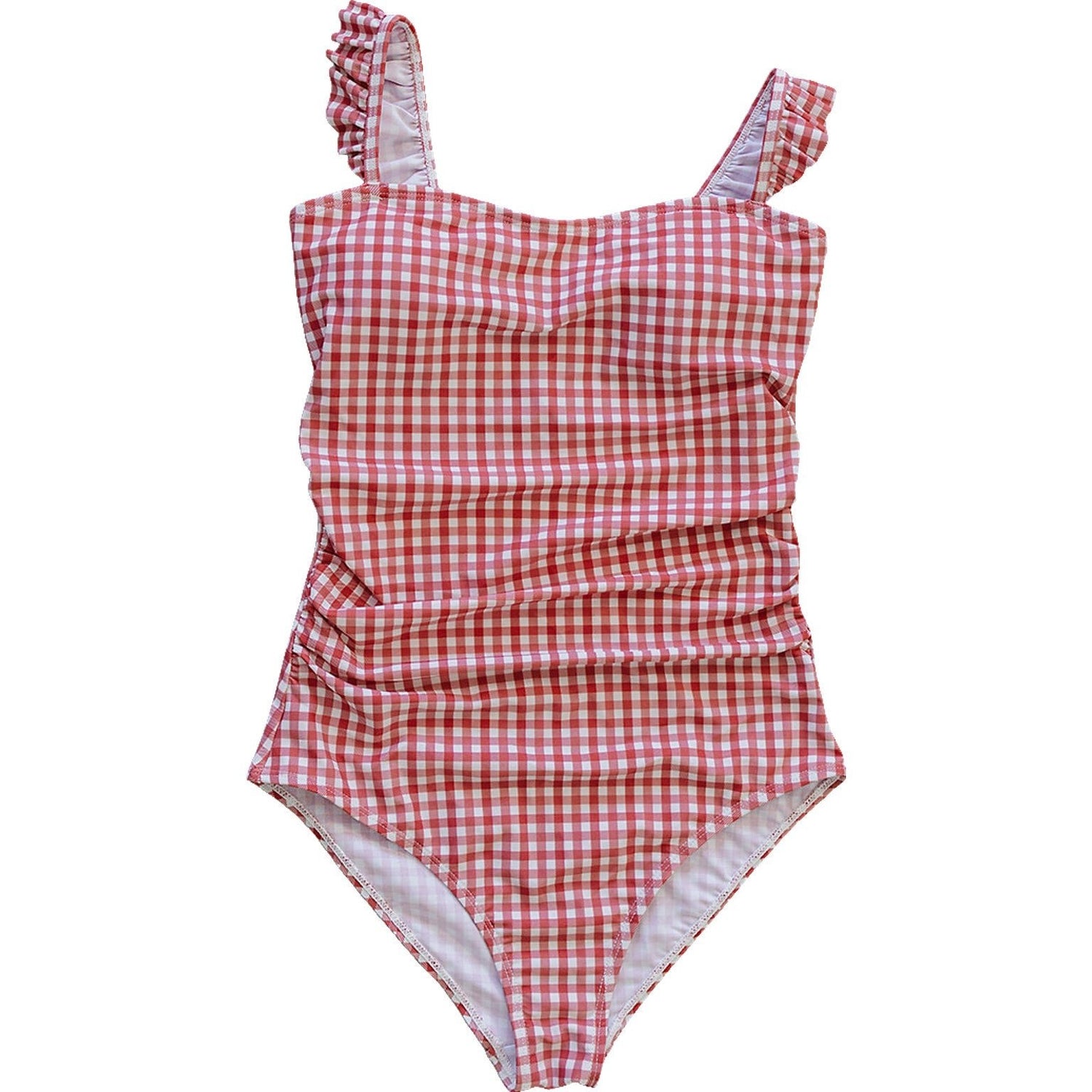 Gingham women's one-piece swimsuit with ruffled shoulder straps and a cinched waist.