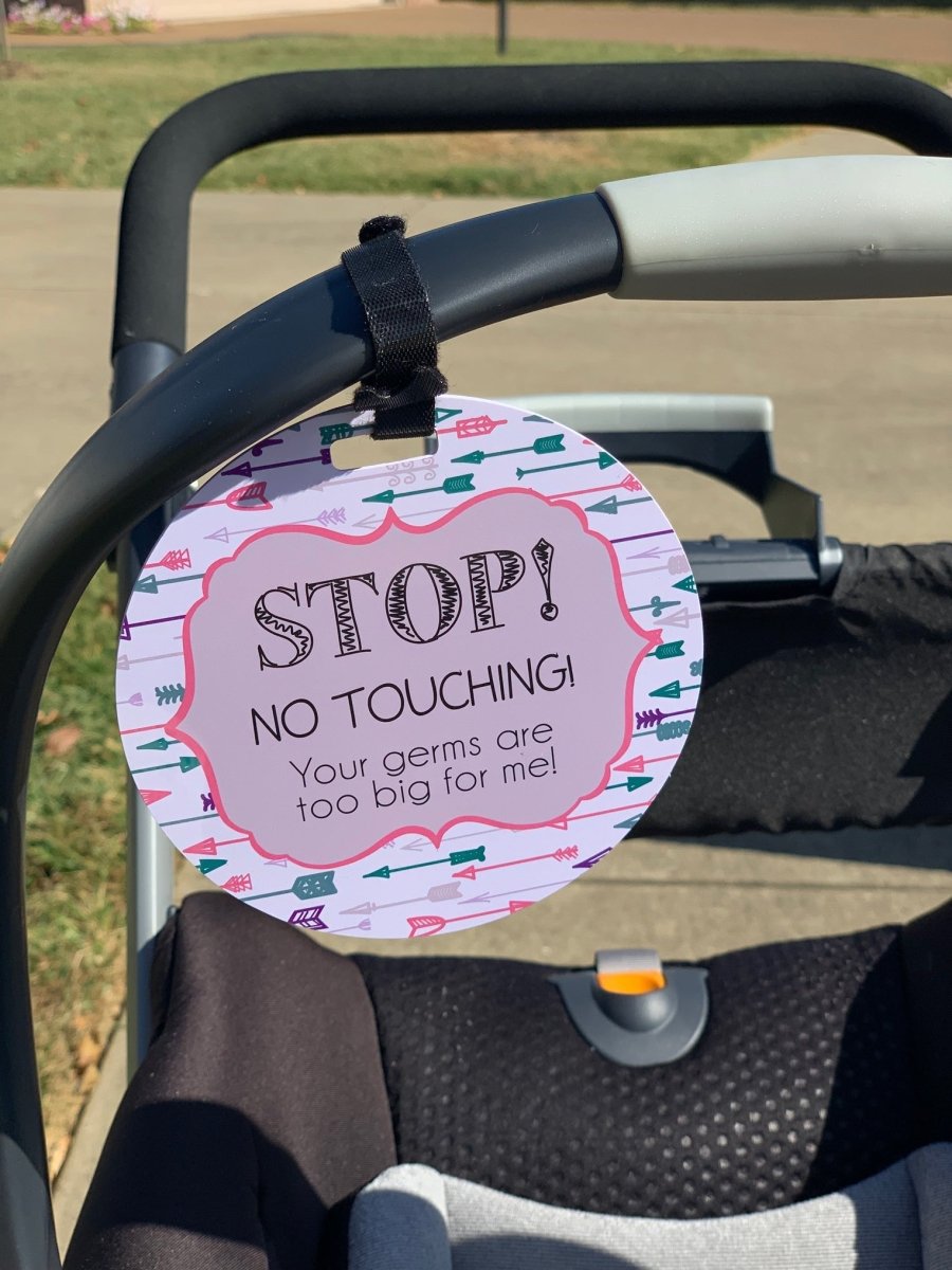 Three Little Tots Girl Arrows Stop No Touching Newborn Baby Car Seat Sign Tag - 