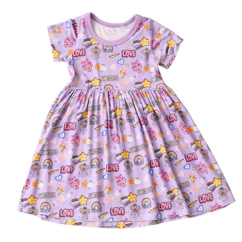 Girl Power dress in pink and white with smiley emoticon print and short sleeves