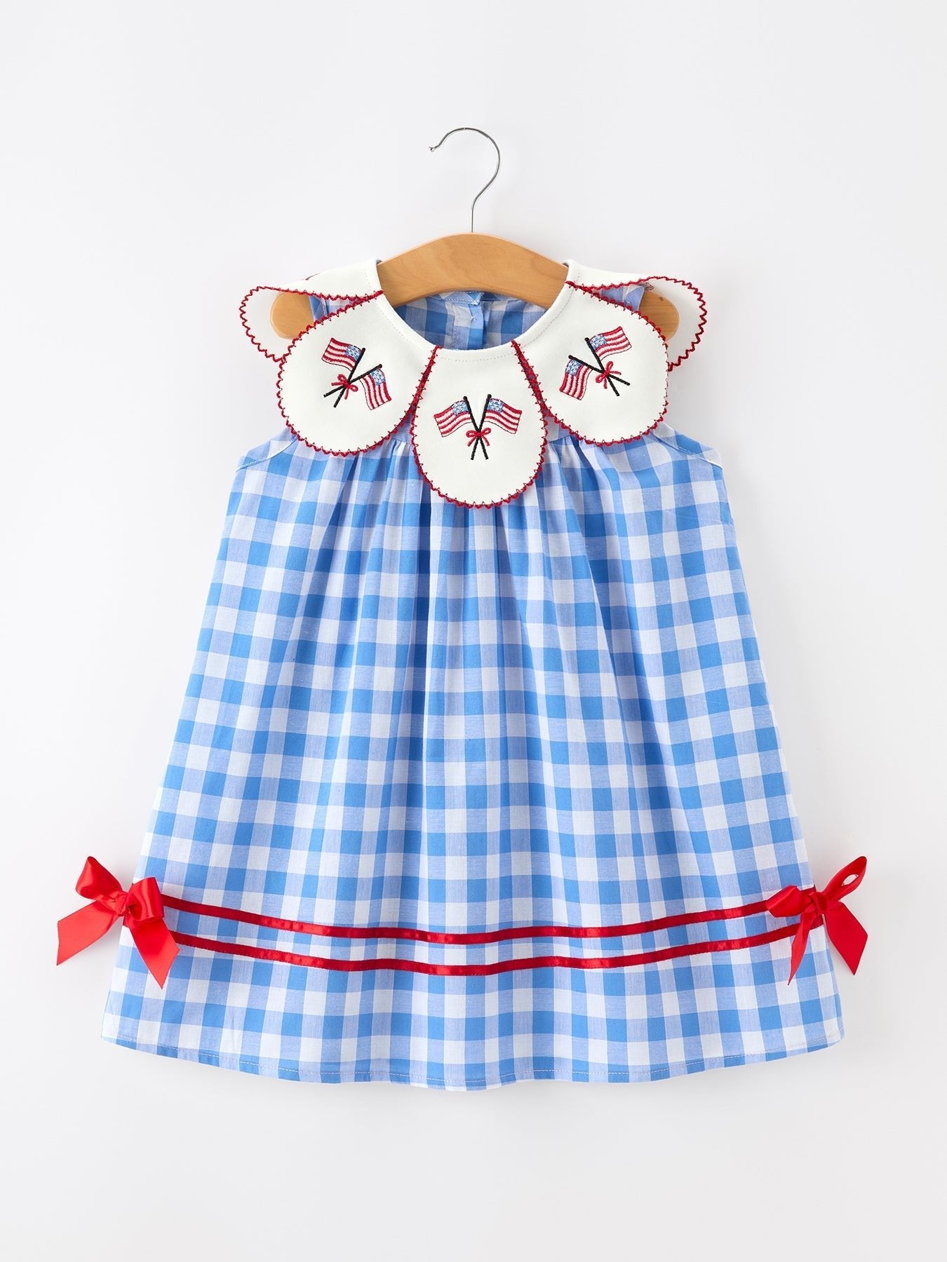 Rylee Faith Designs Girls 4th of July Plaid Twirl Dress Bow Embroidery Petals Collar