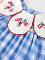 Rylee Faith Designs Girls 4th of July Plaid Twirl Dress Bow Embroidery Petals Collar