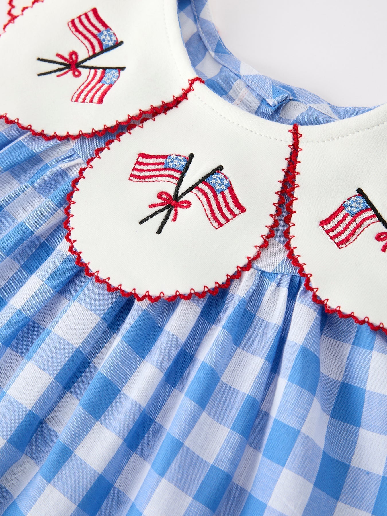 Rylee Faith Designs Girls 4th of July Plaid Twirl Dress Bow Embroidery Petals Collar