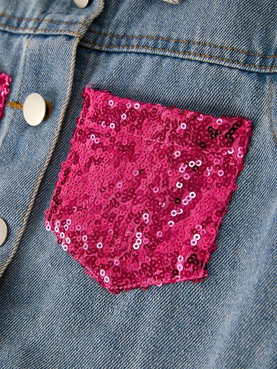 Rylee Faith Designs Girls Autumn Denim Sequined Jacket Top for Stylish Fall Fashion - 