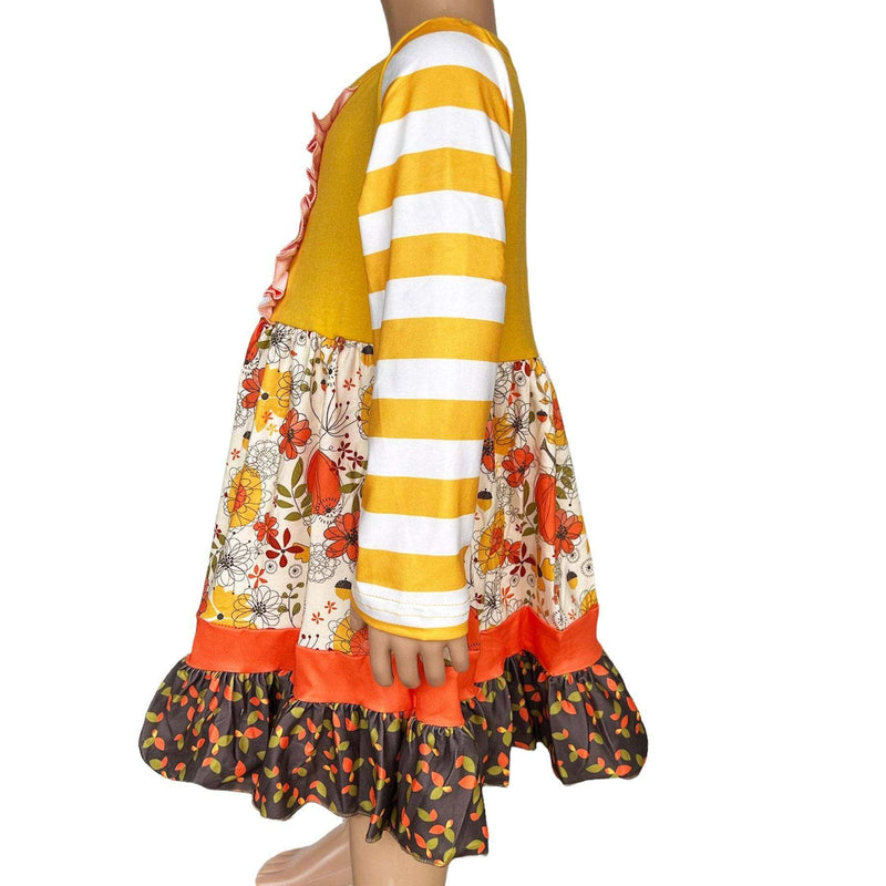 Girls cotton fall pumpkin long sleeve dress with autumn floral print and mustard yellow striped sleeves.