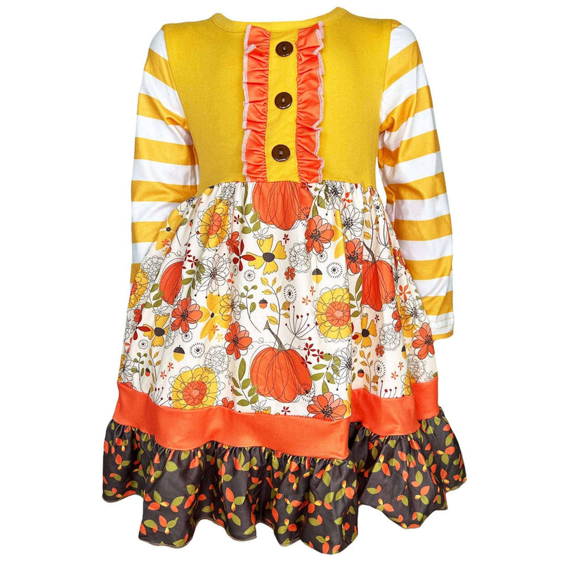 Girls cotton fall pumpkin long sleeve dress with floral print and mustard striped sleeves.