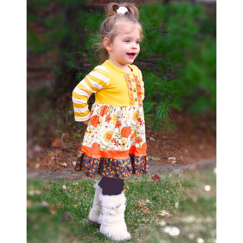 Girls cotton fall pumpkin long sleeve dress with floral print and striped sleeves.