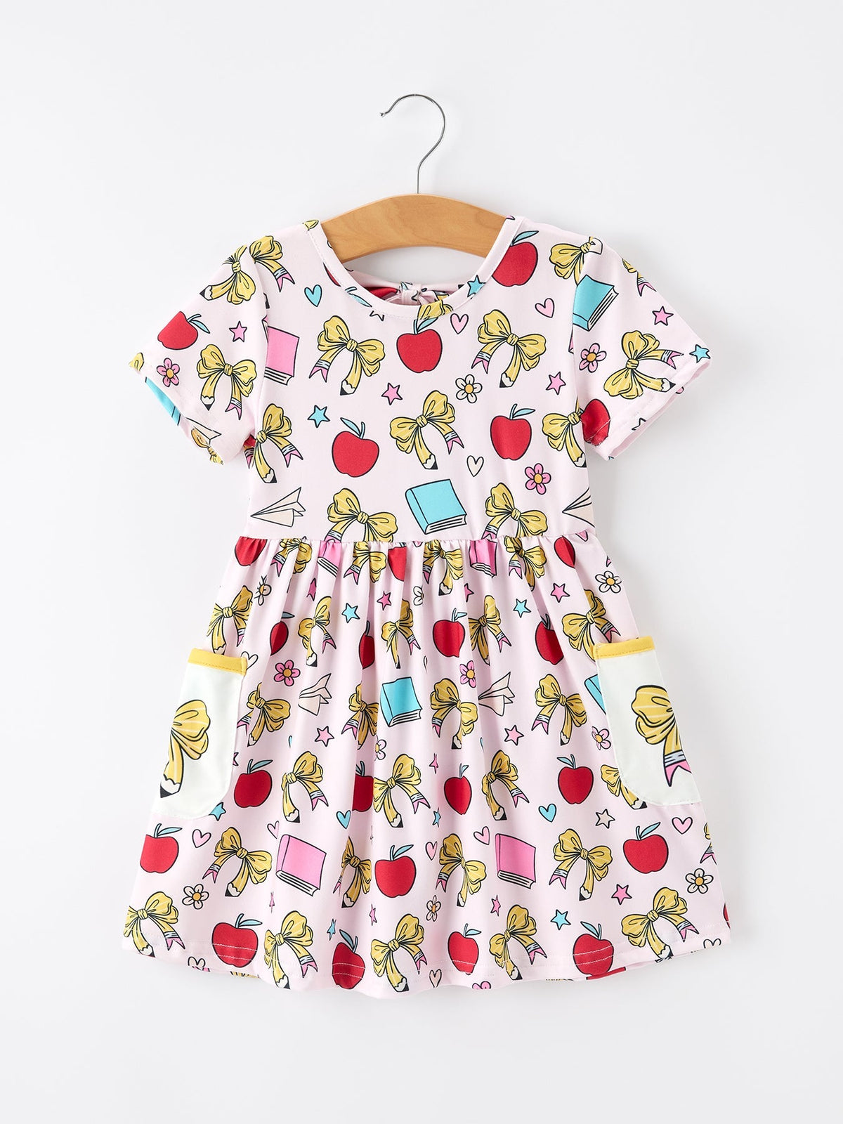 Girls Back To School Apple Bow Pocket Twirl Dress - Sleeve, White, Textile, Dress, Pink | Everetts Place
