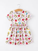 Girls Back To School Apple Bow Pocket Twirl Dress - Sleeve, White, Textile, Dress, Pink | Everetts Place
