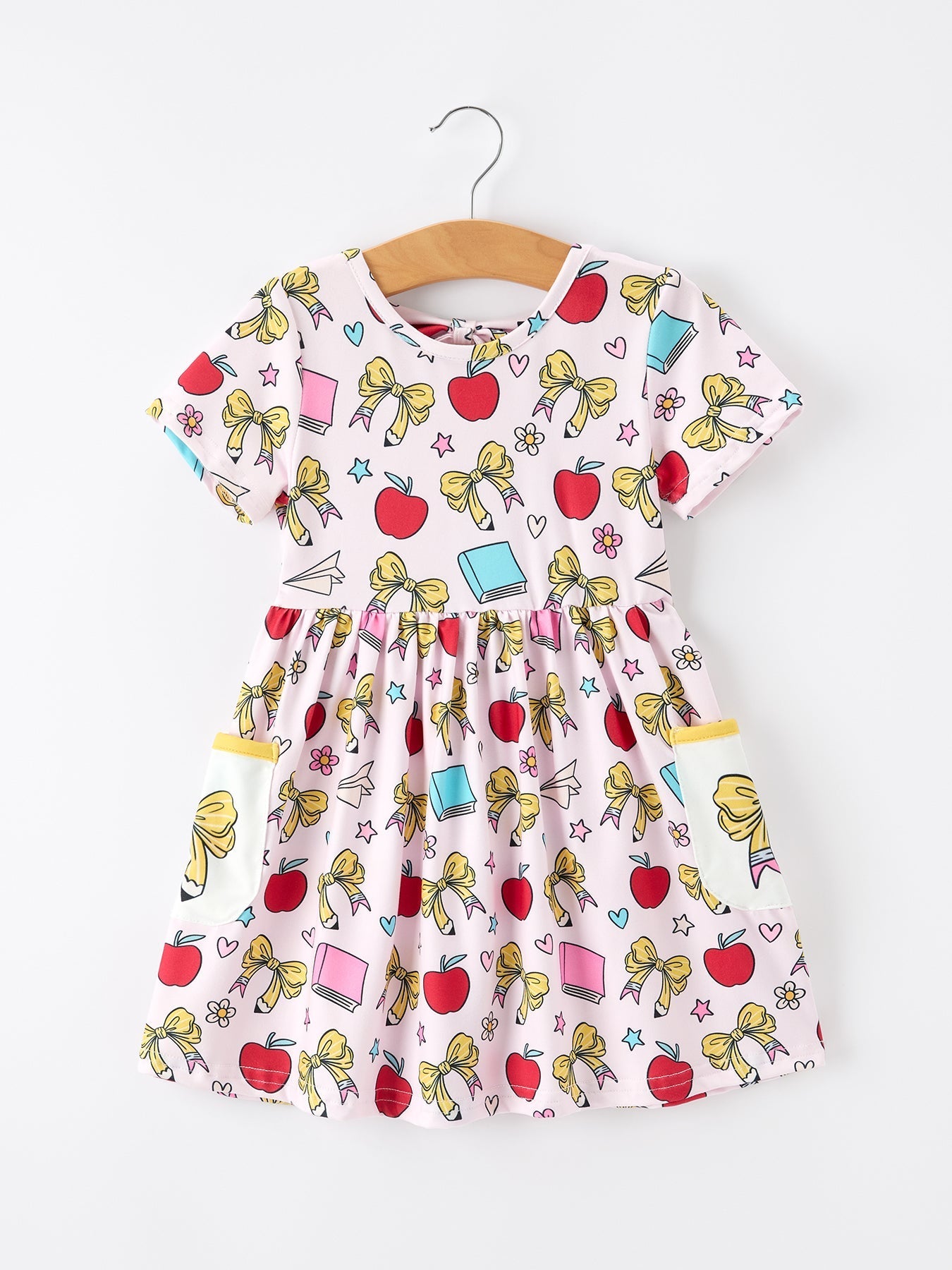 Girls Back To School Apple Bow Pocket Twirl Dress - Sleeve, White, Textile, Dress, Pink | Everetts Place