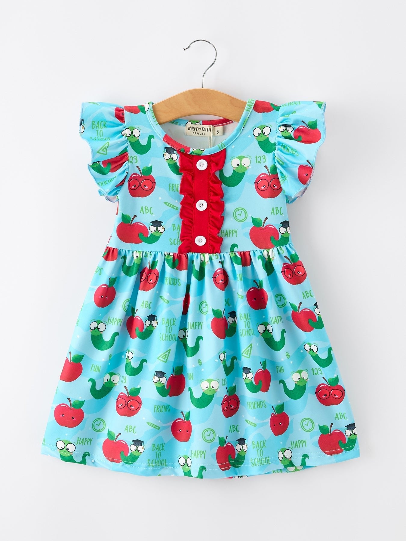 Girls Back To School Apple Worm Twirl Dress Ruffle Color Block - Red, Fruit, Produce, Berry, Strawberries | Everetts Place