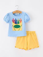 Rylee Faith Designs Girls Back To School Crayon Applique Top Shorts SetEveretts Place