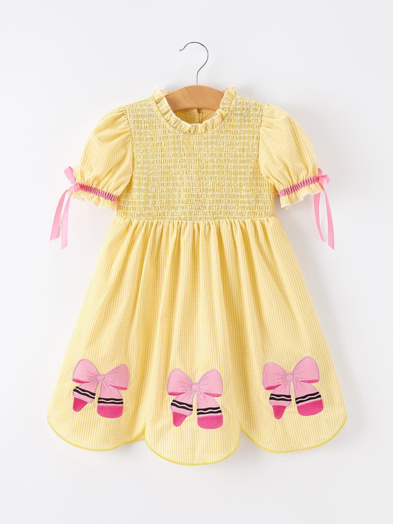 Girls Back To School Pencil Twirl Yellow Dress Bow Applique Smocked - Yellow, Textile, Baby & Toddler Clothing, Pink, Dress | Everetts Place