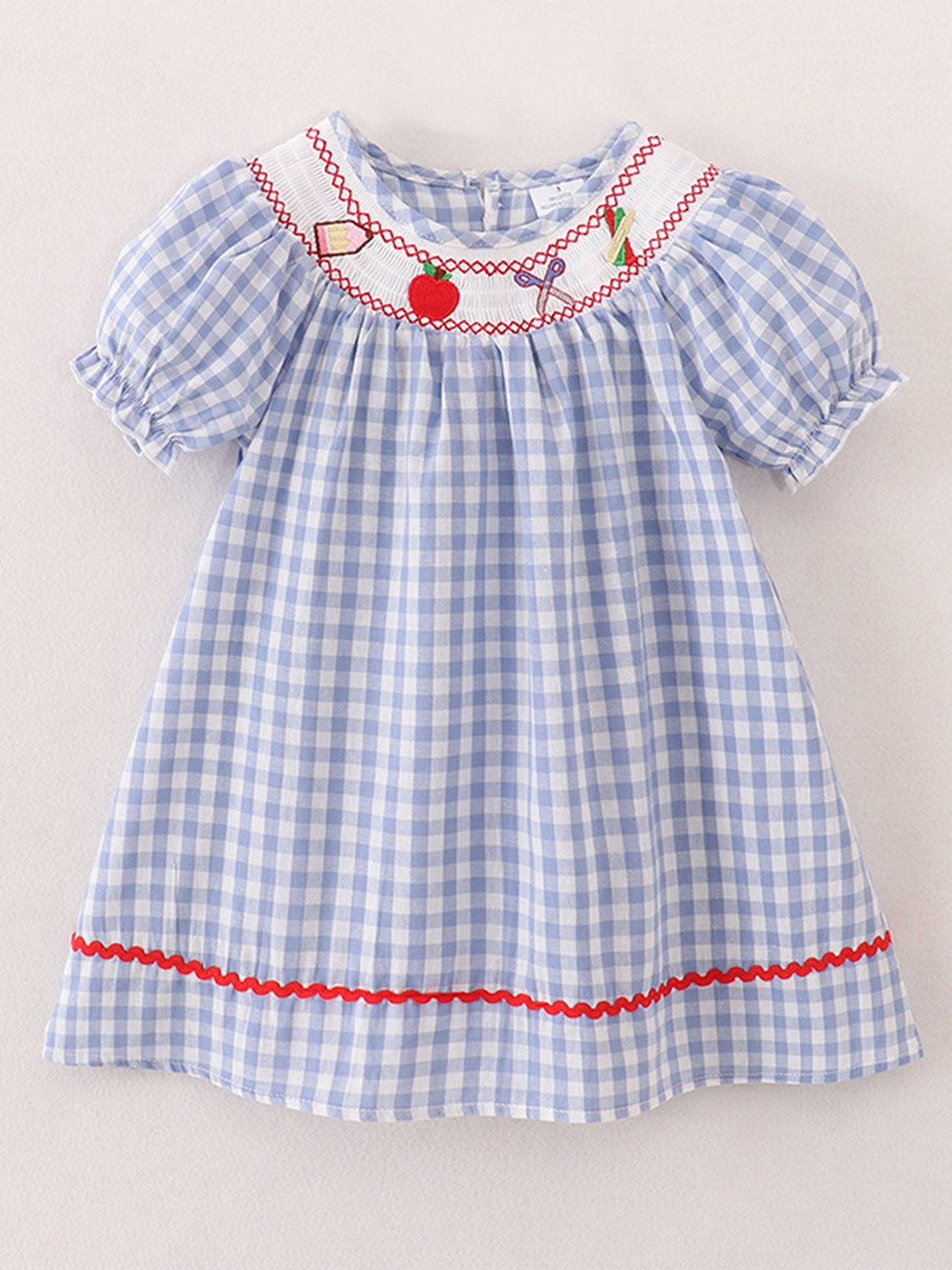 Girls Back to School Smocking Pencil Apple Embroidered Plaid Dress - Sleeve, Textile, Baby & Toddler Clothing, Plaid, One-piece garment | Everetts Place