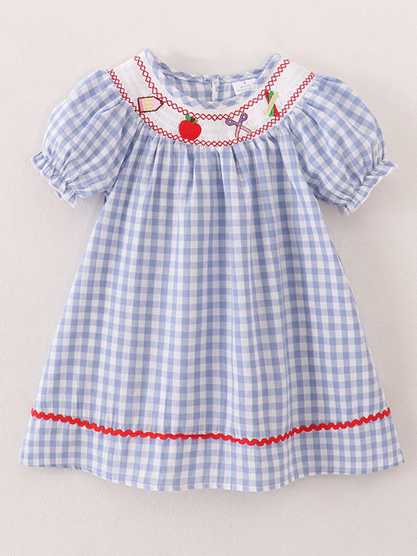 Girls Back to School Smocking Pencil Apple Embroidered Plaid Dress - Sleeve, Textile, Baby & Toddler Clothing, Plaid, One-piece garment | Everetts Place