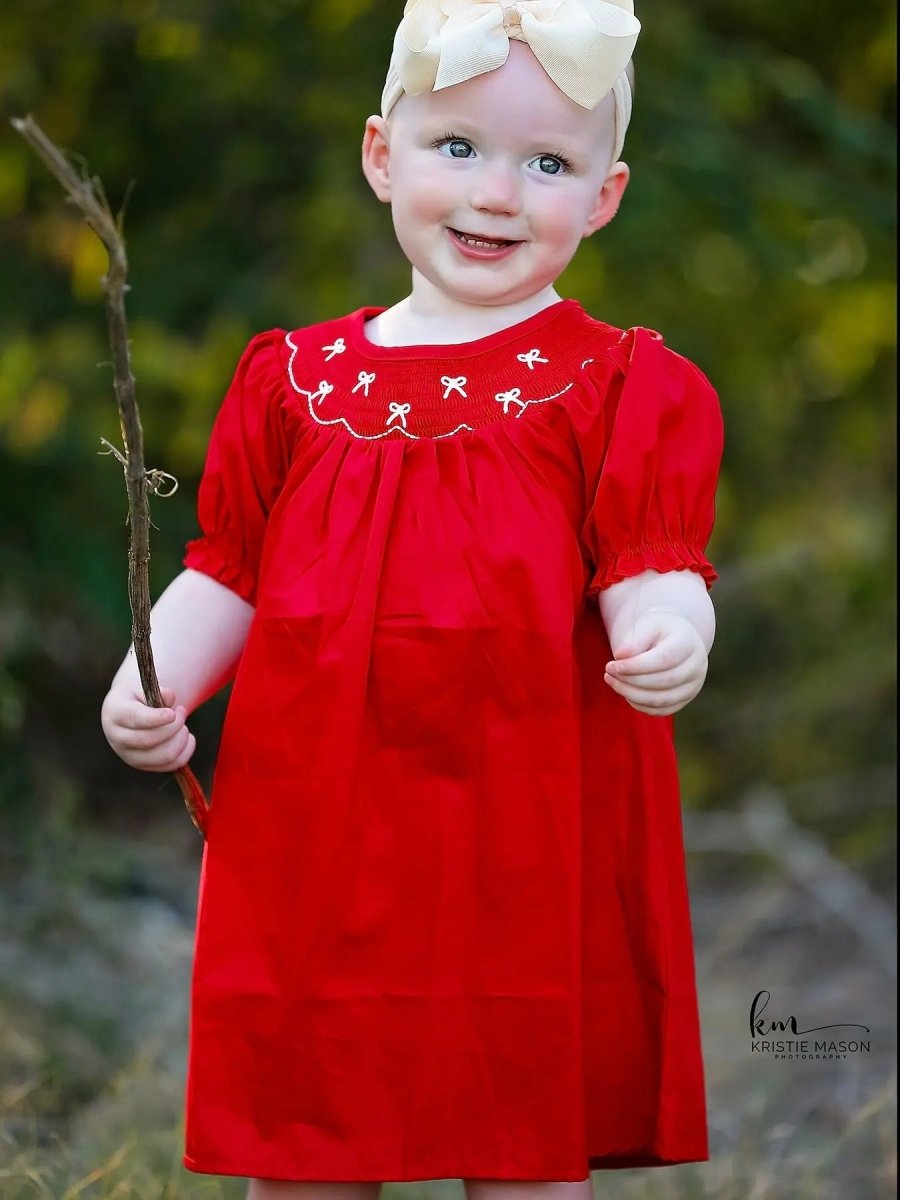 Rylee Faith Designs Girls Bow Smocking Embroidered Red Dress - 