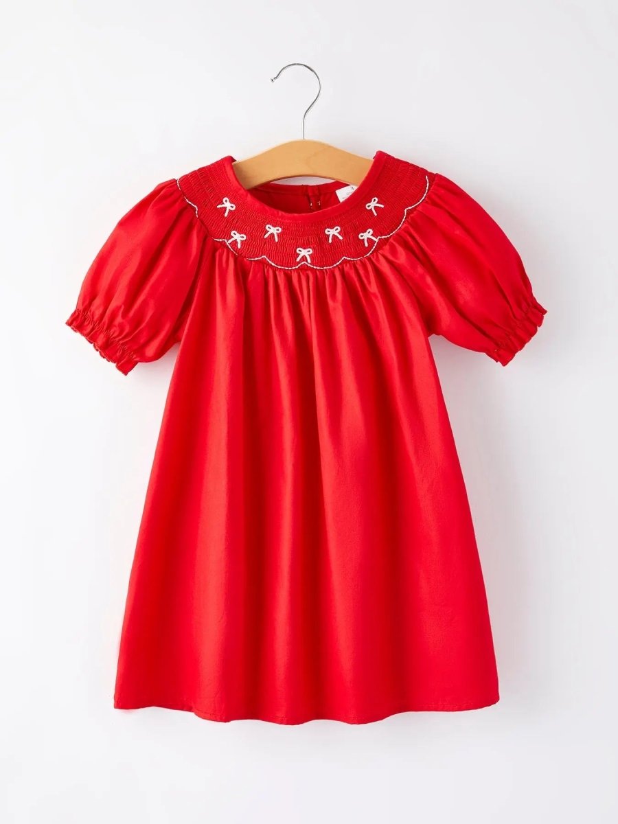 Rylee Faith Designs Girls Bow Smocking Embroidered Red Dress - 