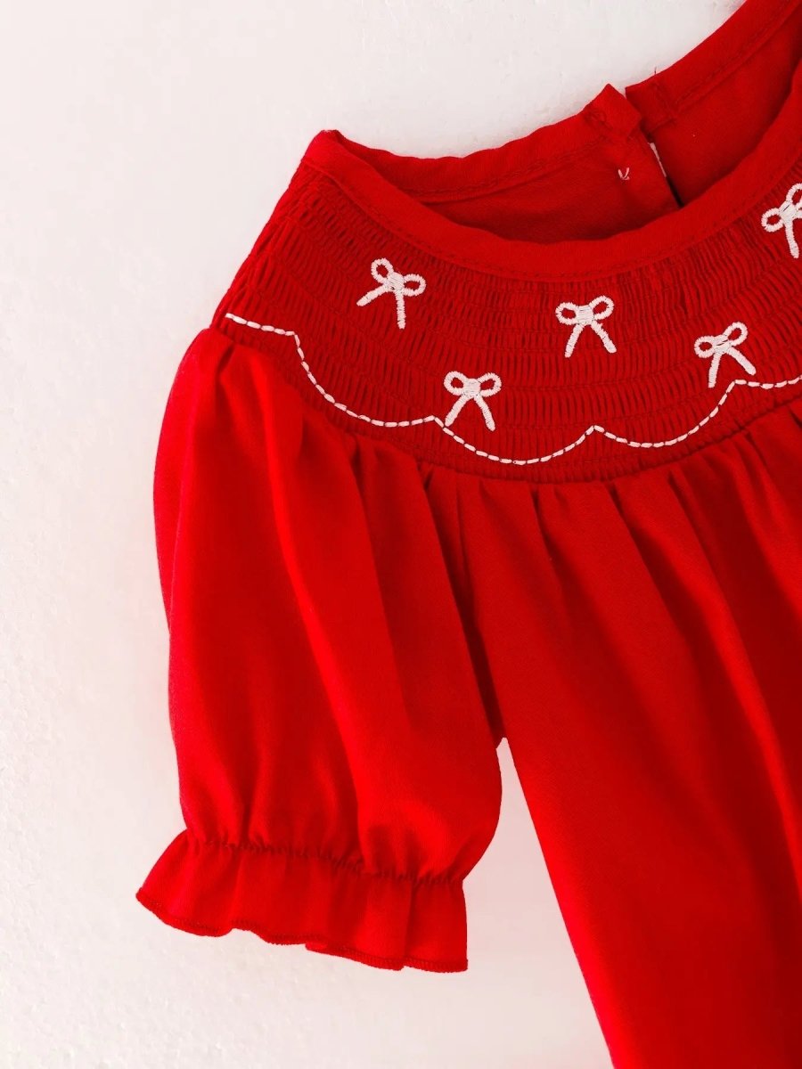 Rylee Faith Designs Girls Bow Smocking Embroidered Red Romper - 
