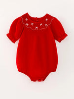 Rylee Faith Designs Girls Bow Smocking Embroidered Red Romper - 