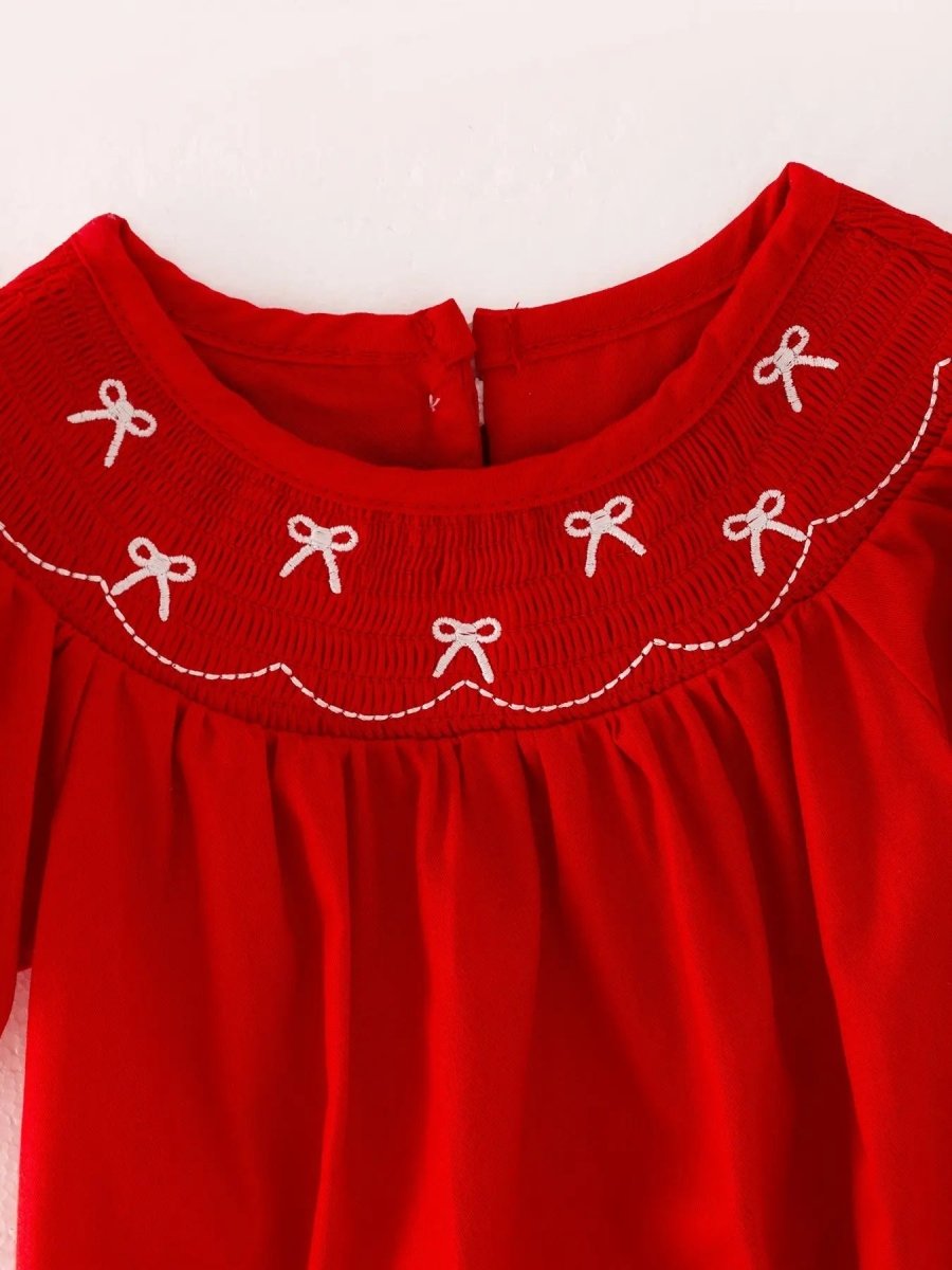 Rylee Faith Designs Girls Bow Smocking Embroidered Red Romper - 