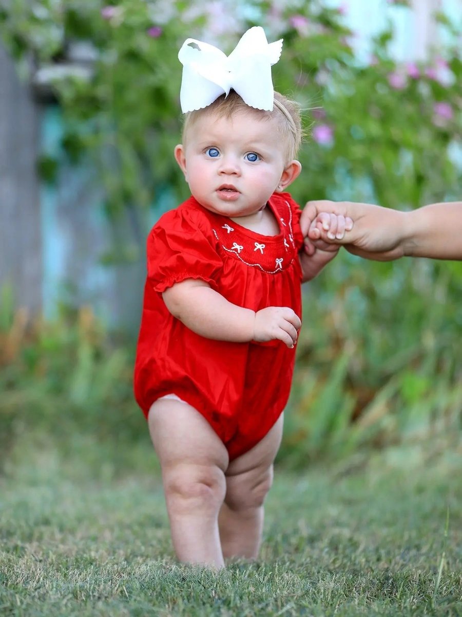 Rylee Faith Designs Girls Bow Smocking Embroidered Red Romper - 