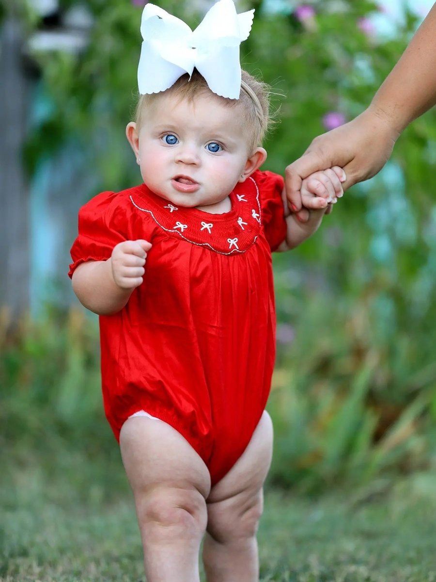Rylee Faith Designs Girls Bow Smocking Embroidered Red Romper - 