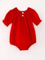 Rylee Faith Designs Girls Bow Smocking Embroidered Red Romper - 