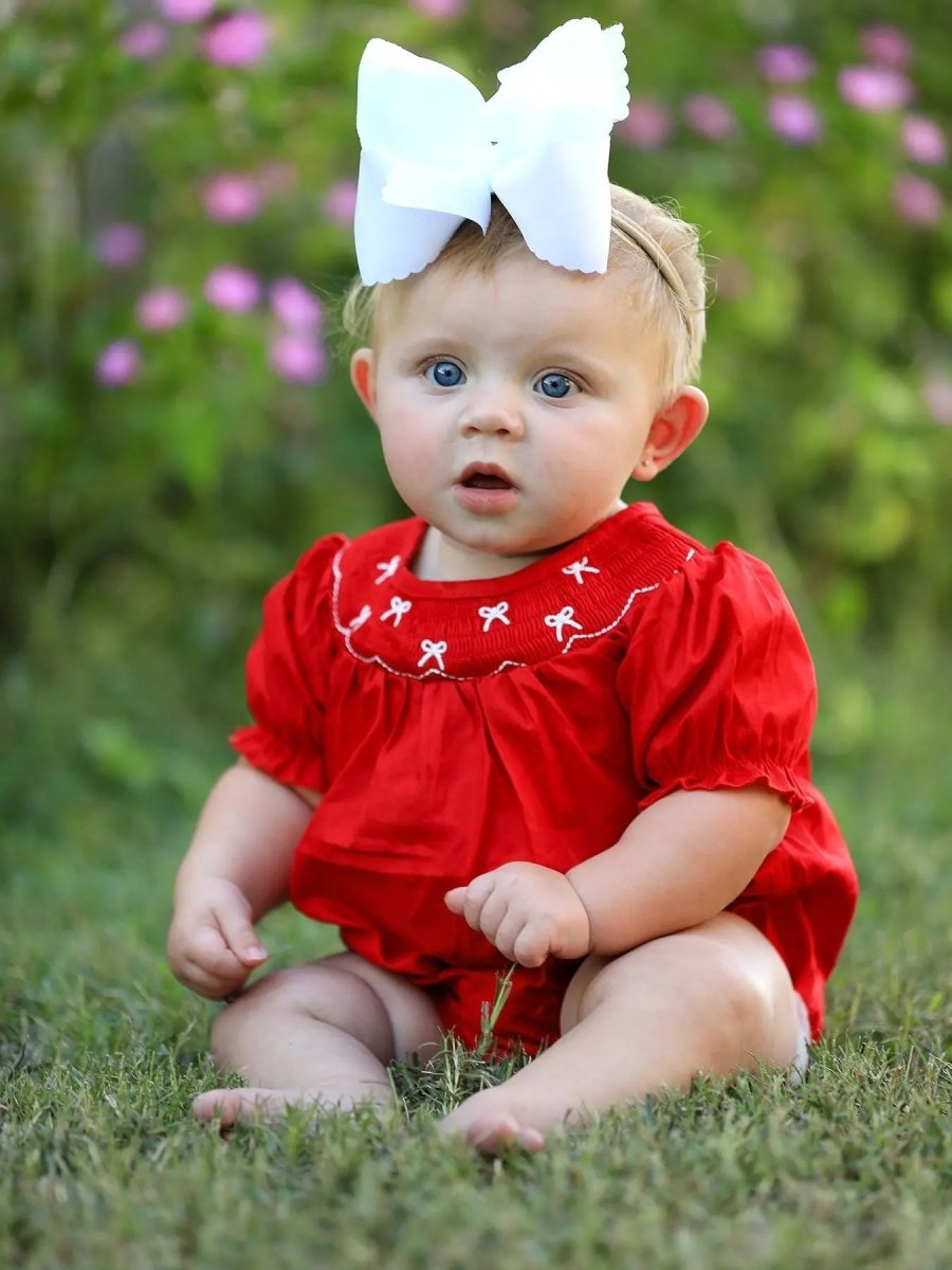 Rylee Faith Designs Girls Bow Smocking Embroidered Red Romper - 