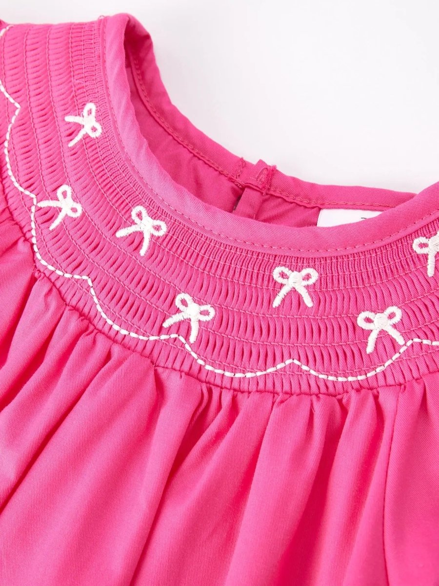 Rylee Faith Designs Girls Bow Smocking Embroidery Hot Pink Dress - 