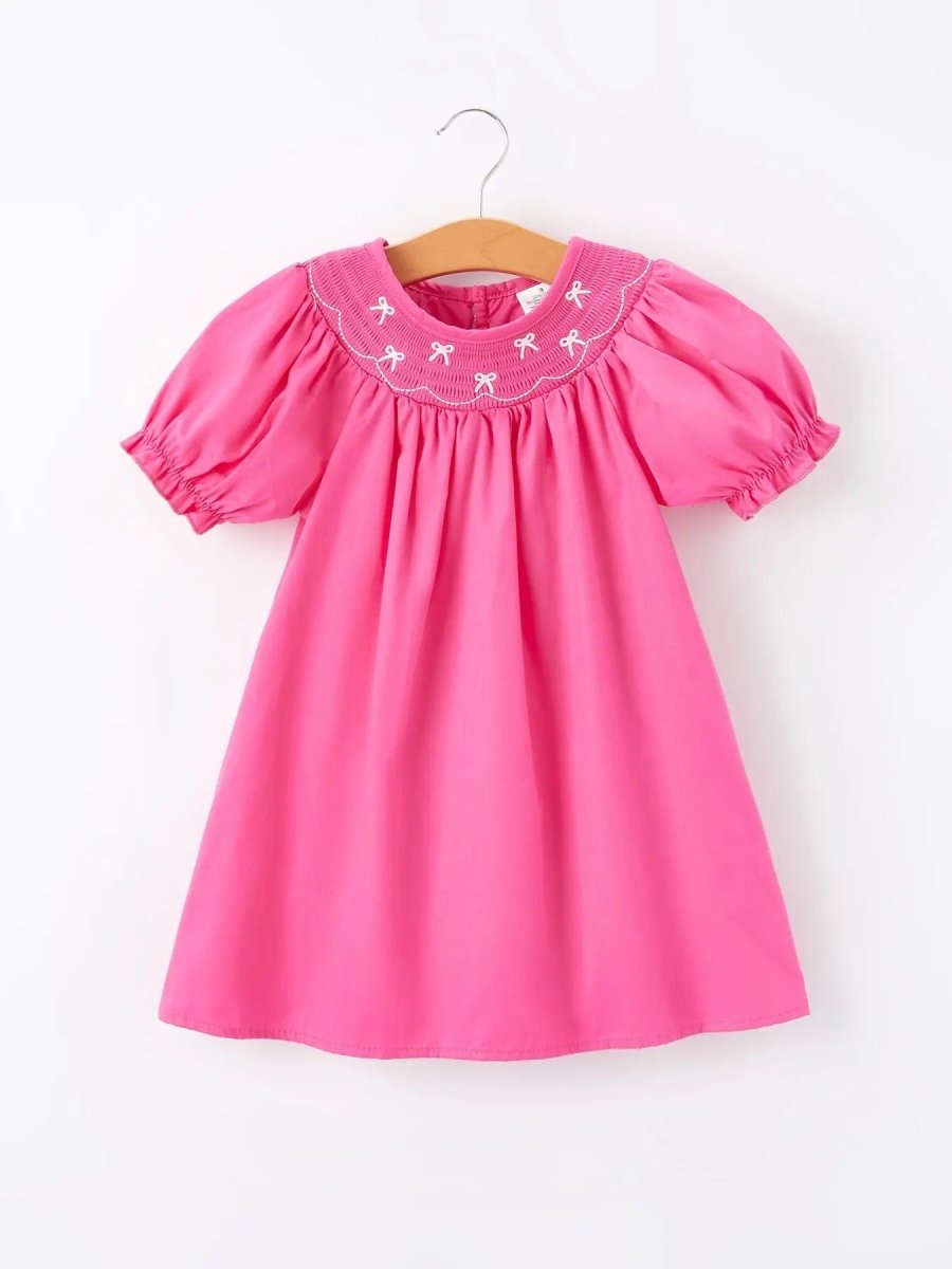 Rylee Faith Designs Girls Bow Smocking Embroidery Hot Pink Dress - 