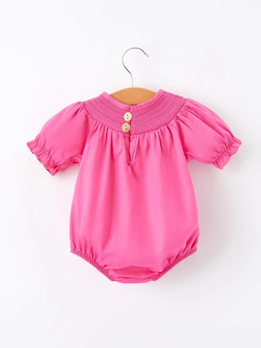 Rylee Faith Designs Girls Bow Smocking Embroidery Hot Pink Romper - 