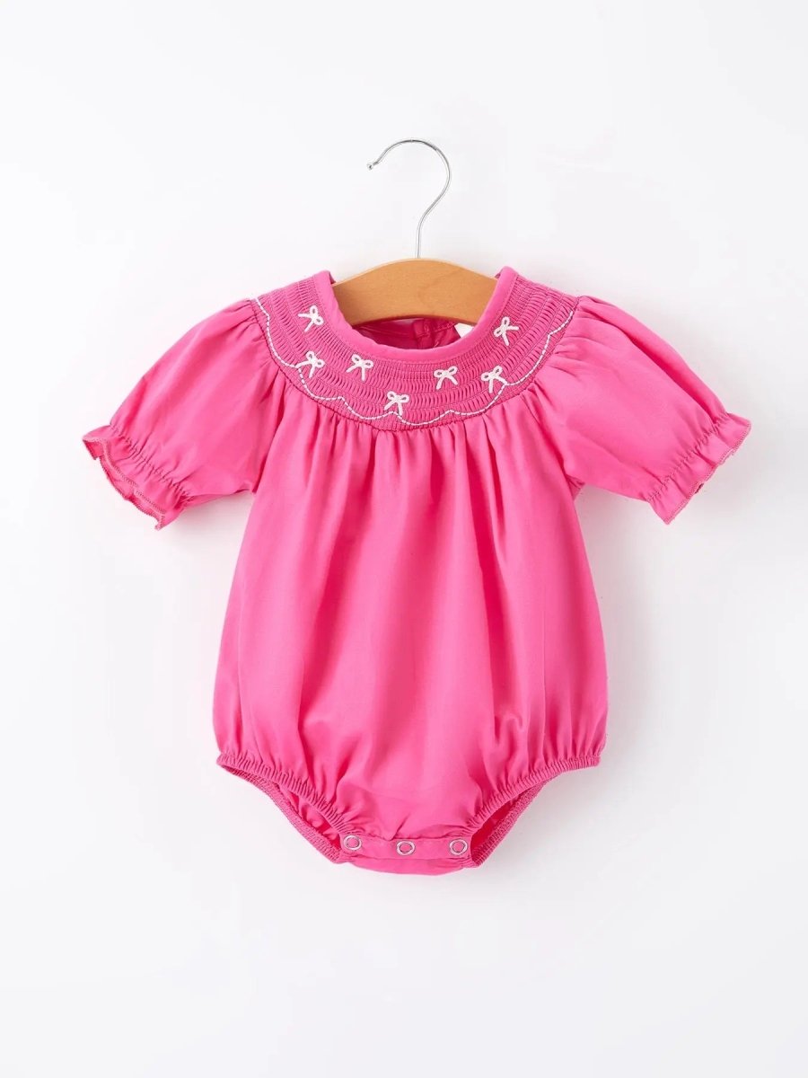 Rylee Faith Designs Girls Bow Smocking Embroidery Hot Pink Romper - 