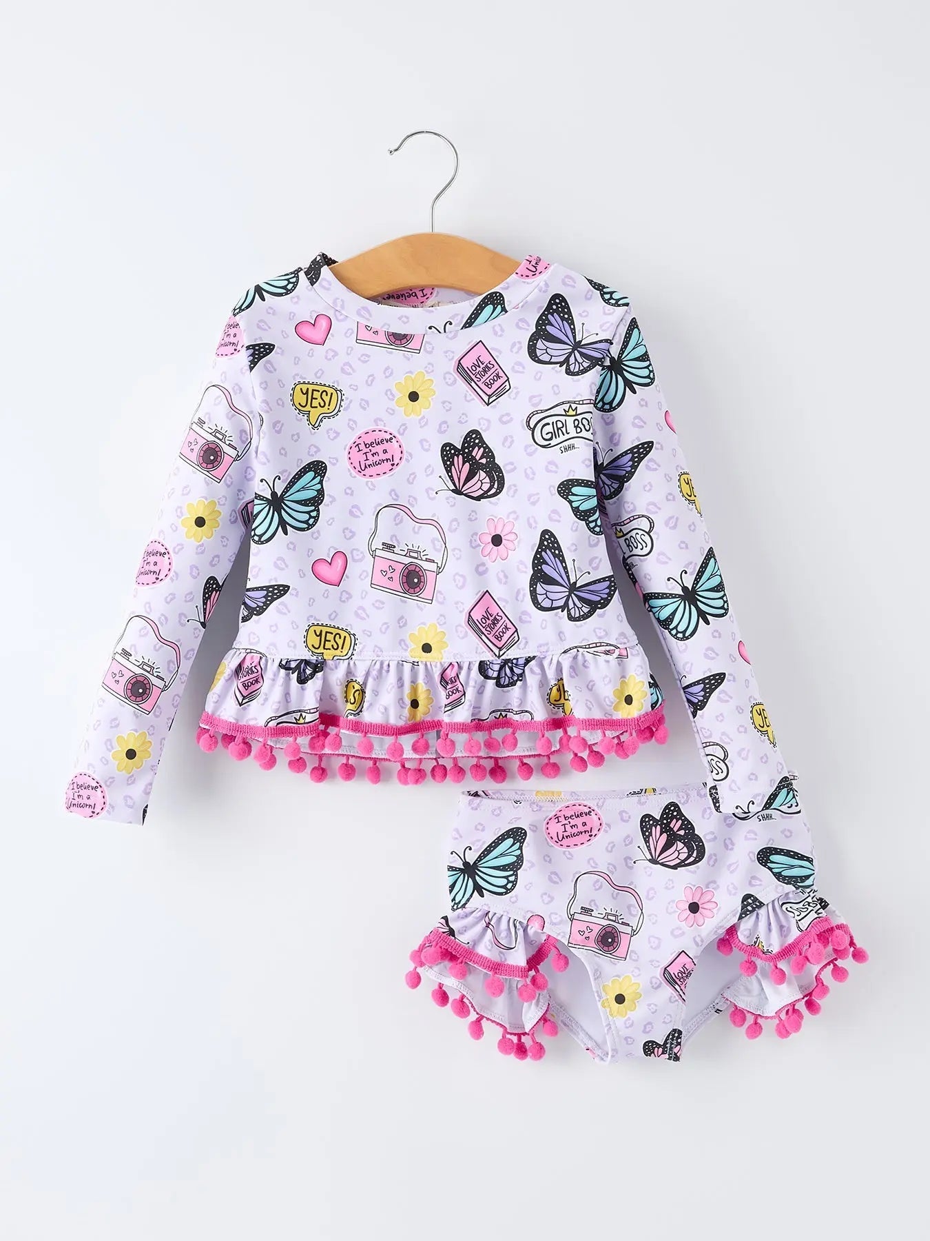 Rylee Faith Designs Girls Butterfly Long Sleeve Ruffle Swimsuit Set - 