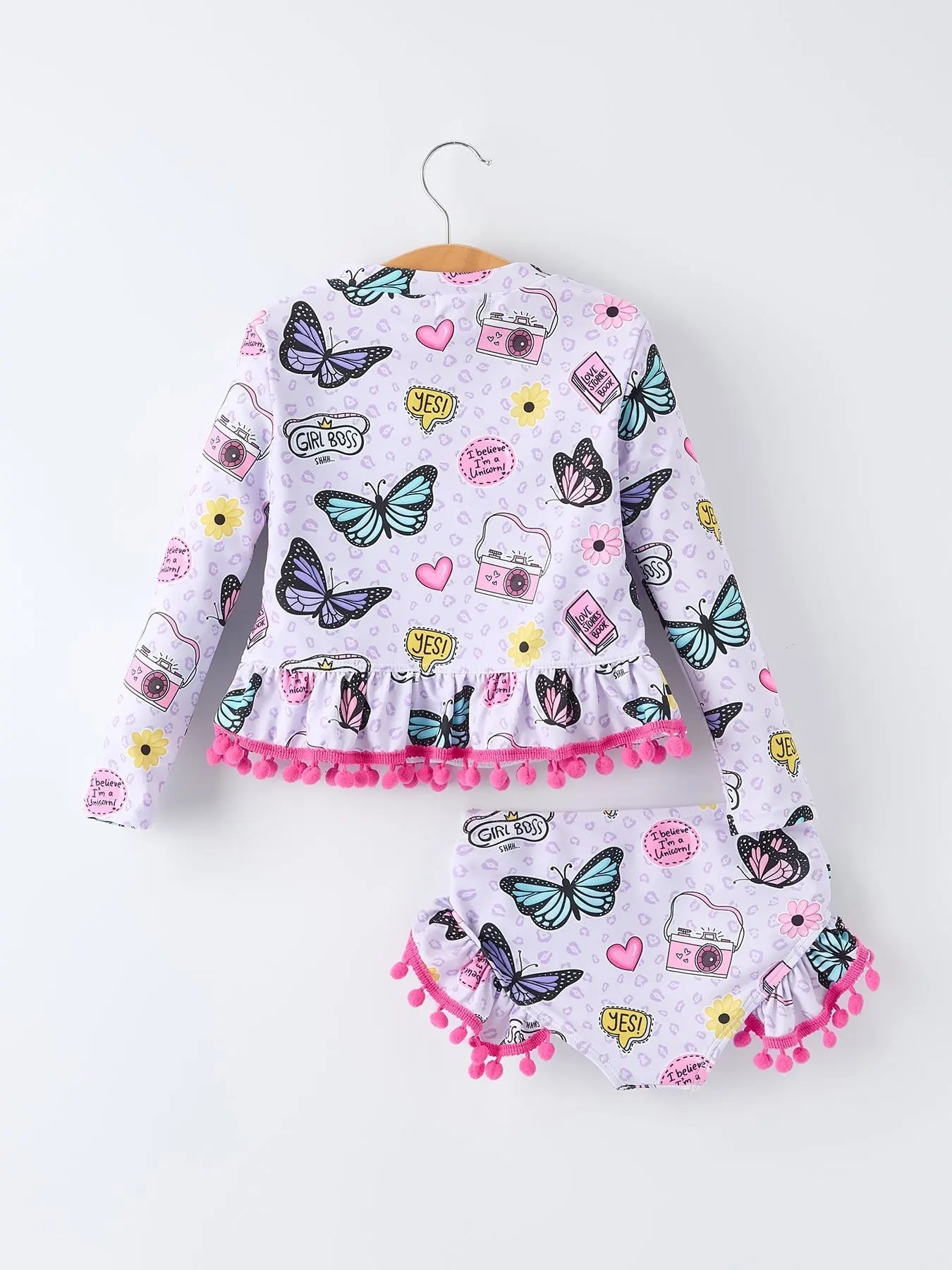 Rylee Faith Designs Girls Butterfly Long Sleeve Ruffle Swimsuit Set - 