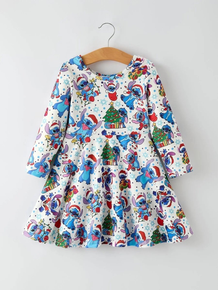 Rylee Faith Designs Girls Christmas Dress With Tree Character Print Festive - Everetts Place Boutique - 