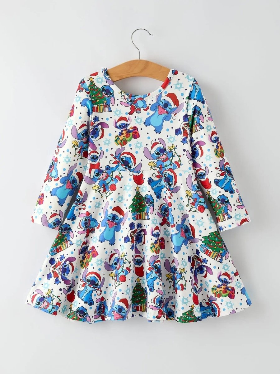 Rylee Faith Designs Girls Christmas Dress With Tree Character Print Festive - Everetts Place Boutique - 