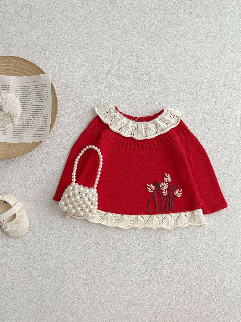 Girls' Scalloped Design Red Dress Set with Pearl Bag and Sandals