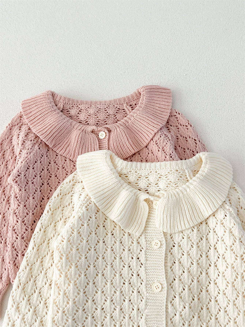 Girls comfortable hollow-out geometric sweaters in pink and white.