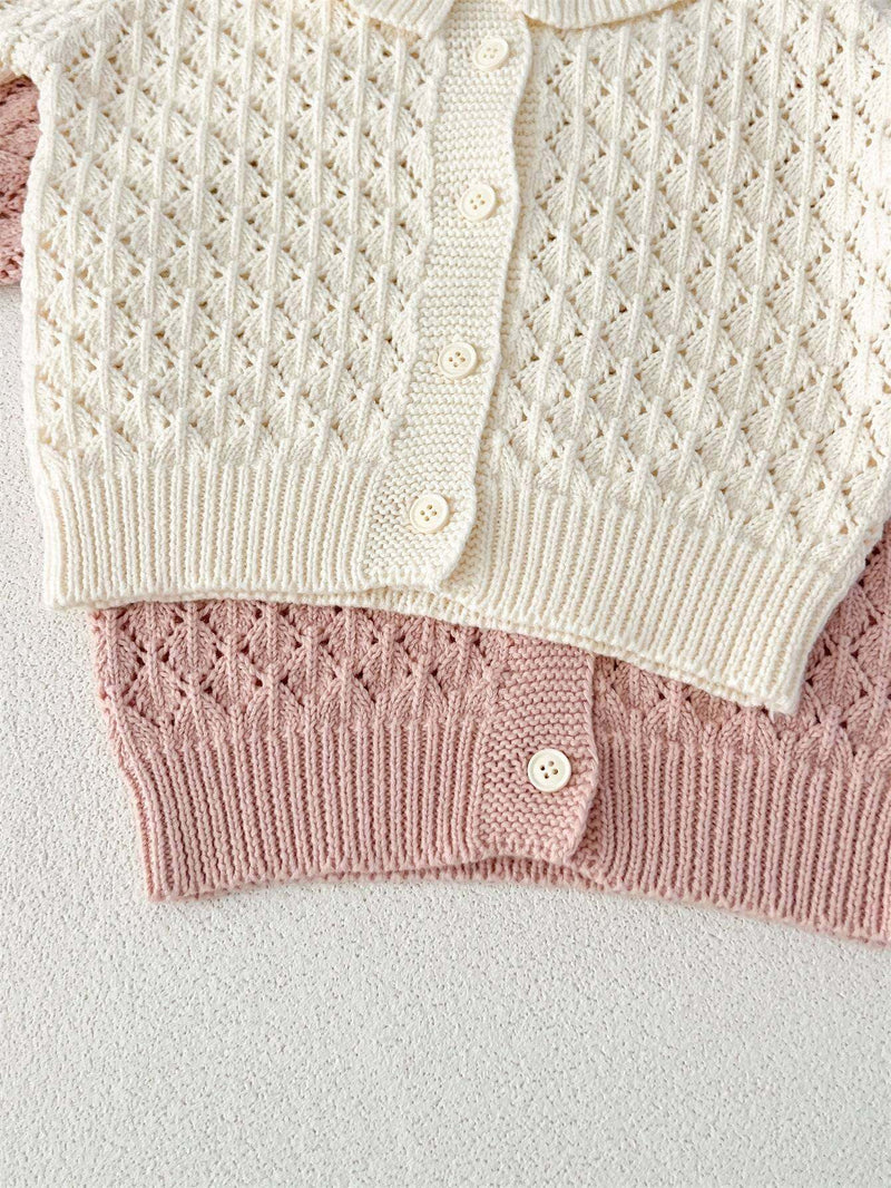 Girls comfortable hollow-out geometric sweater in white and pink, perfect for breathable warmth and style.