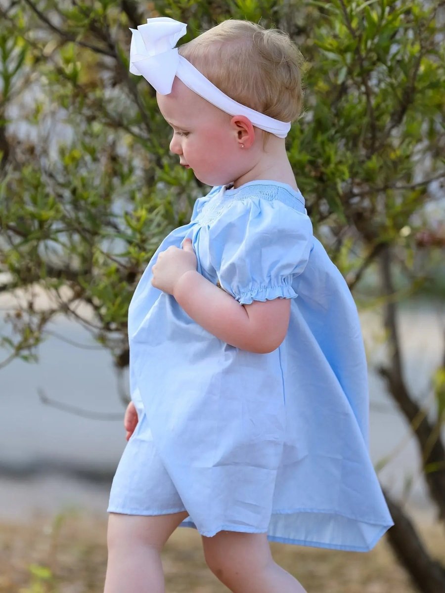 Rylee Faith Designs Girls Cross Smocking Embroidered Blue Dress - 