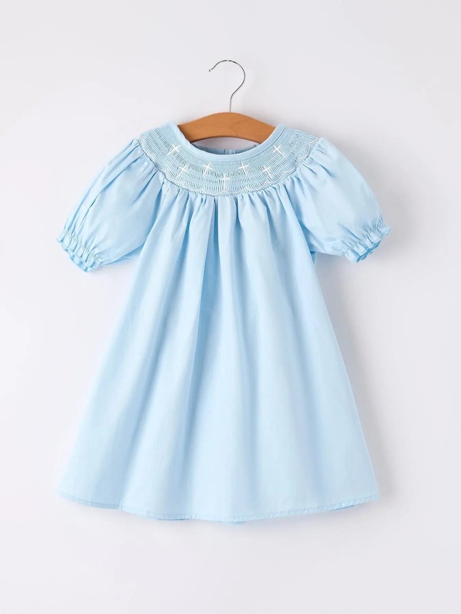 Rylee Faith Designs Girls Cross Smocking Embroidered Blue Dress - 