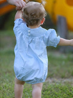 Rylee Faith Designs Girls Cross Smocking Embroidered Blue Romper - 