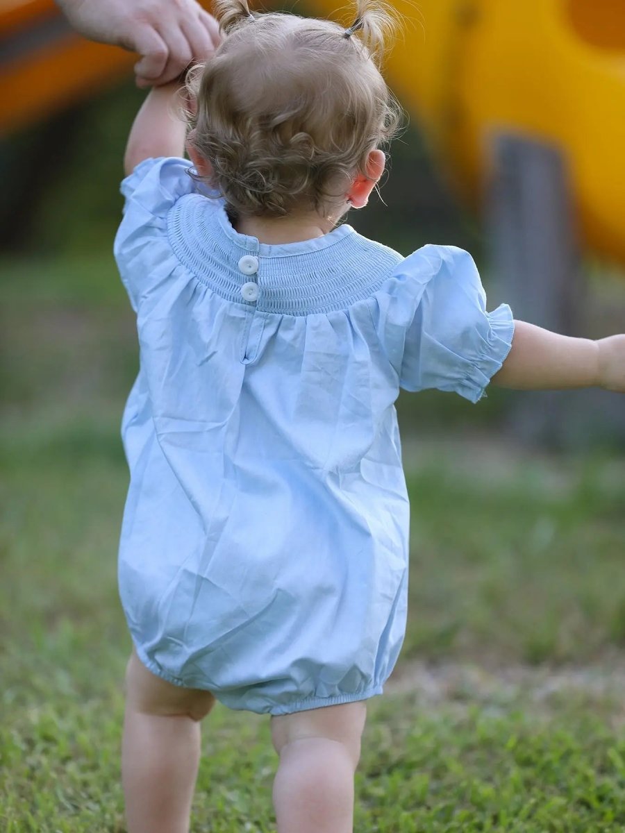 Rylee Faith Designs Girls Cross Smocking Embroidered Blue Romper - 