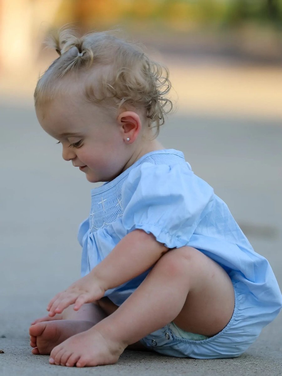 Rylee Faith Designs Girls Cross Smocking Embroidered Blue Romper - 