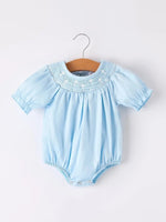 Rylee Faith Designs Girls Cross Smocking Embroidered Blue Romper - 