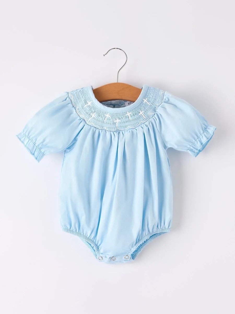 Rylee Faith Designs Girls Cross Smocking Embroidered Blue Romper - 